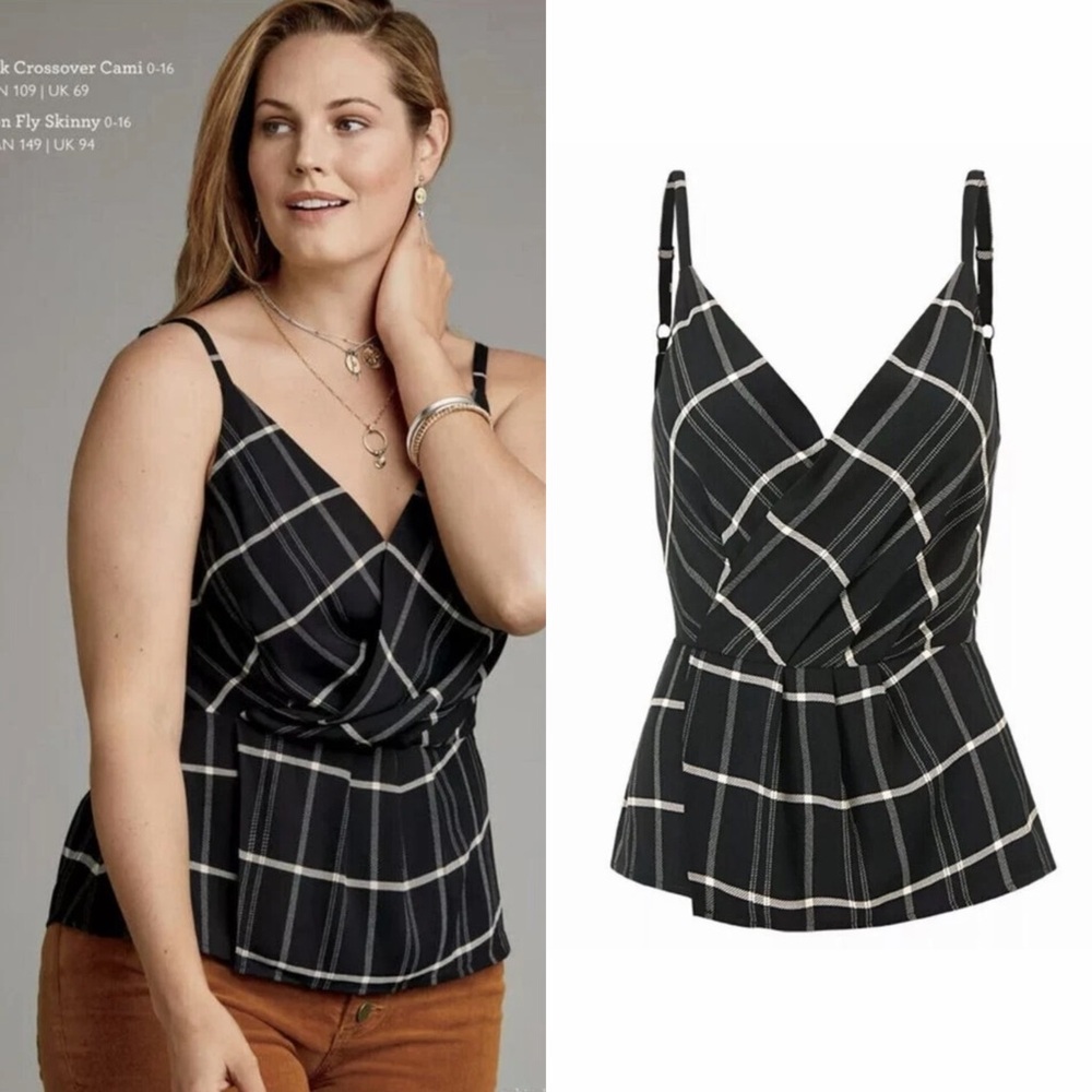 CABI Black Windowpane Check Plaid Crossover Peplum Cami Top 8 Office Summer